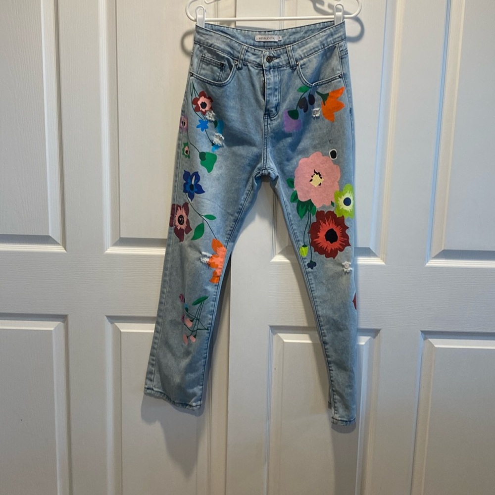 Y2K🔮MISSLOOK DENIM HAND PAINTED FLORAL STRAIGHT LEG JEANS